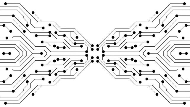 Abstract digital circuit board pattern connecting data streams in a symmetrical flow on white background