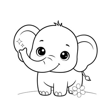 A cute cartoon elephant with a flower and sparkles on transparent background