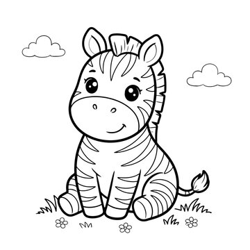 A cute cartoon zebra sitting in the grass with flowers and clouds
