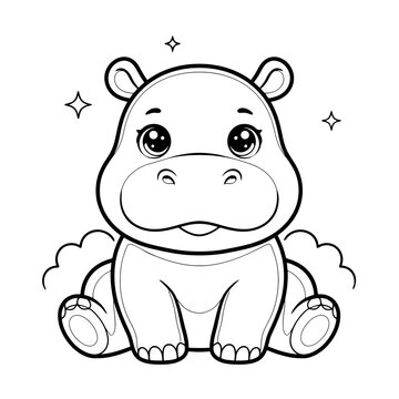 Cute cartoon hippo sitting with sparkles and clouds around head