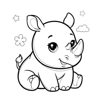 Cute cartoon rhino sitting with stars and flowers around  adorable animal illustration