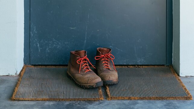 Muddy boots with red laces on a ribbed doormat in a hallway, weathered textures and dirty soles for home cleaning and chore content