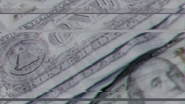 Abstract digital glitch loop of a one dollar bill. Conceptual motion art representing inflation, financial crisis, money devaluation, and global economic instability for stock video.