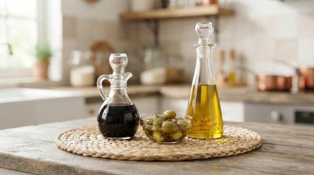Glass cruets with balsamic vinegar and olive oil next to a small bowl of green olives on a woven mat in a rustic kitchen