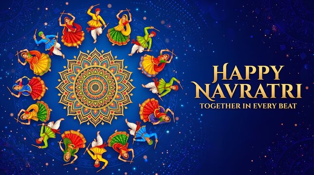 Happy navratri festive banner featuring circular garba dance formation and glowing