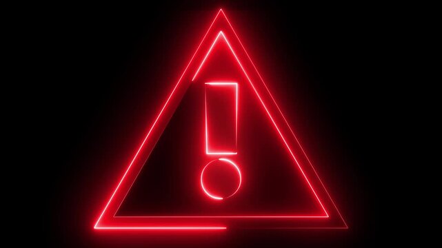 Glowing neon red color warning attention sign icon animation danger risk alert error stop signal emergency hazard problem issue triangle, sign information  sign symbol on black background
