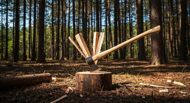 An axe cleaves a log in a forest, splitting it into sections with wood chips flying