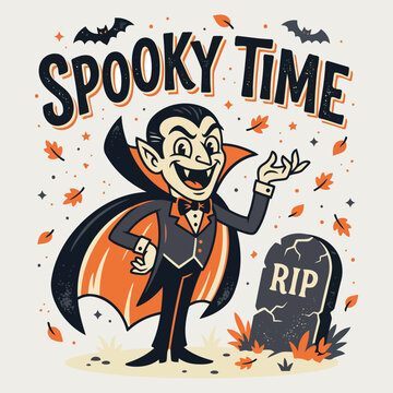 Cartoon dracula vampire character with spooky time text and tombstone