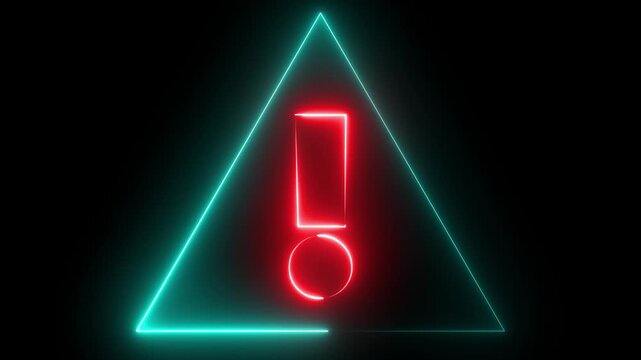 Glowing neon red and cyan color warning attention sign icon animation danger risk alert error stop signal emergency hazard problem issue triangle, sign information  sign symbol on black background