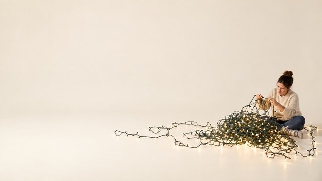 Huge knot of glowing Christmas lights on a clean white surface with a woman untangling them, for holiday humor and home services advertising