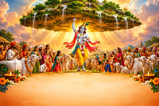 Lord krishna lifting govardhan mountain to protect devotees and cows during storm with govardhan hill