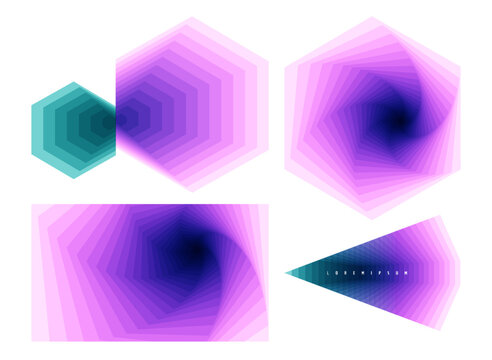 A set of semi-transparent colored elements. Abstract geometric shapes in vibrant blue and pink tones. Smooth gradients. Symmetry and movement create a sense of transformation. Illustration for design.