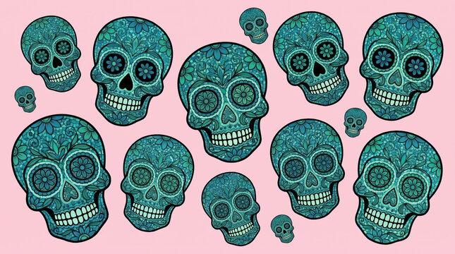 Floral skull pattern with teal and pink hues creates a decorative arrangement