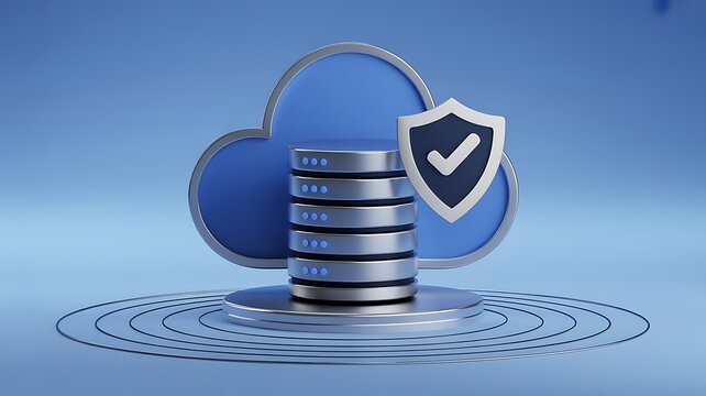 Data server tower with shield icon on cloud background during digital security concept with blue tones