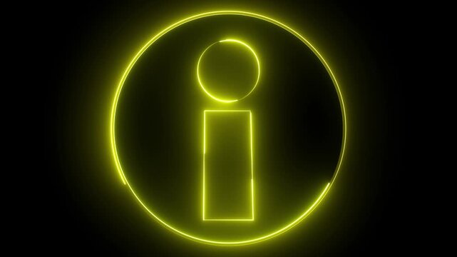 Glowing neon yellow color information sign icon animation info help desk idea desk support desk sign symbol on black background	