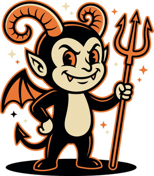 Cute cartoon devil character holding a trident on a white background