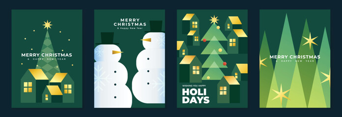 Obraz premium Christmas and Happy New Year 2027 vector poster collection with geometric trees, snowman, winter village, houses and stylized evergreen forest scenes