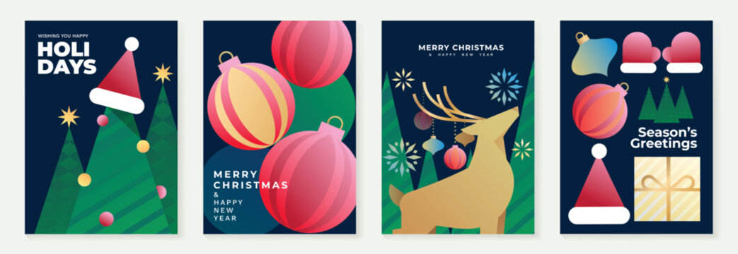Christmas and Happy New Year 2027 vector poster collection with geometric tree, pink baubles, reindeer, stars, gift boxes and playful modern festive graphics