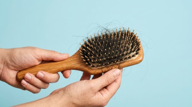 Person holding a wooden hairbrush filled with fallen hair strands against a blue background