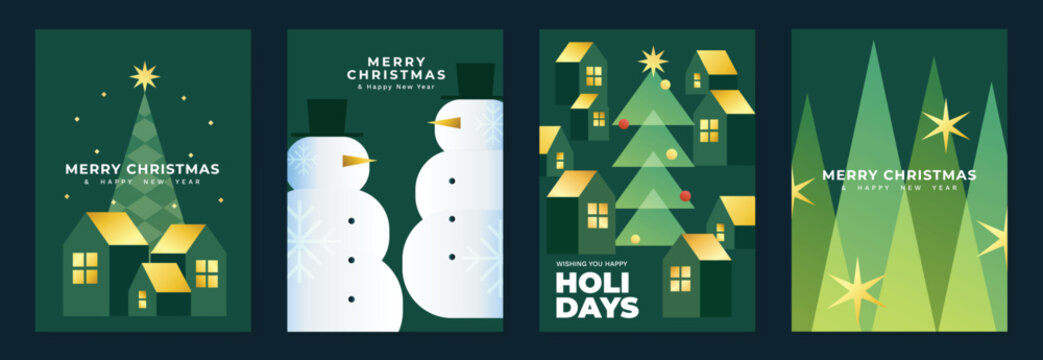 Christmas and Happy New Year 2027 vector poster collection with geometric trees, snowman, winter village, houses and stylized evergreen forest scenes