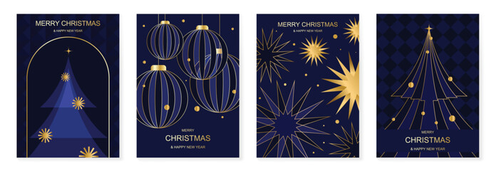 Obraz premium Luxury Christmas and Happy New Year 2027 vector poster collection with navy blue and gold trees, elegant ornaments, stars, fireworks and glowing festive details