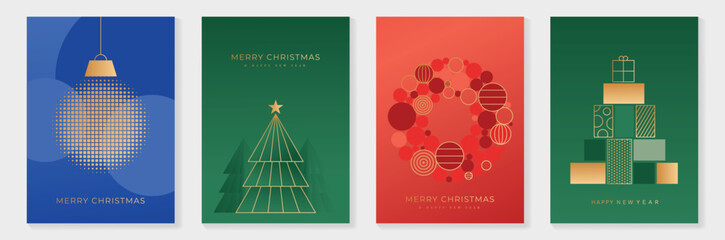 Fototapeta na wymiar Christmas and Happy New Year 2027 vector poster collection with modern geometric trees, gold ornaments, gift boxes and colorful blue green red festive backgrounds
