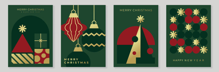 Obraz premium Christmas and Happy New Year 2027 vector poster collection with elegant dark green geometric trees, red ornaments, gold details and decorative festive flowers