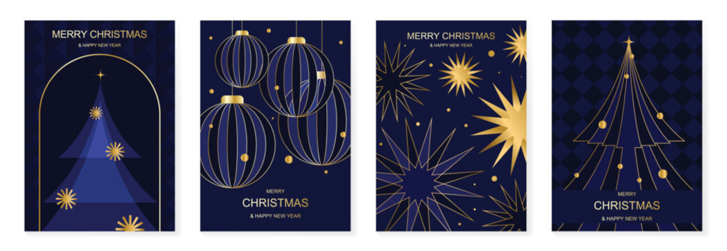 Luxury Christmas and Happy New Year 2027 vector poster collection with navy blue and gold trees, elegant ornaments, stars, fireworks and glowing festive details