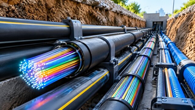 Hidden fiber optic infrastructure with colorful cables in underground trench concept