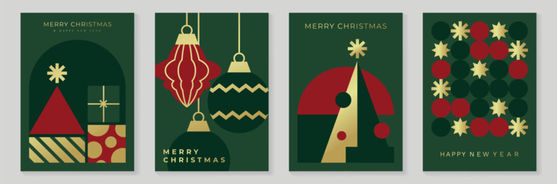 Christmas and Happy New Year 2027 vector poster collection with elegant dark green geometric trees, red ornaments, gold details and decorative festive flowers
