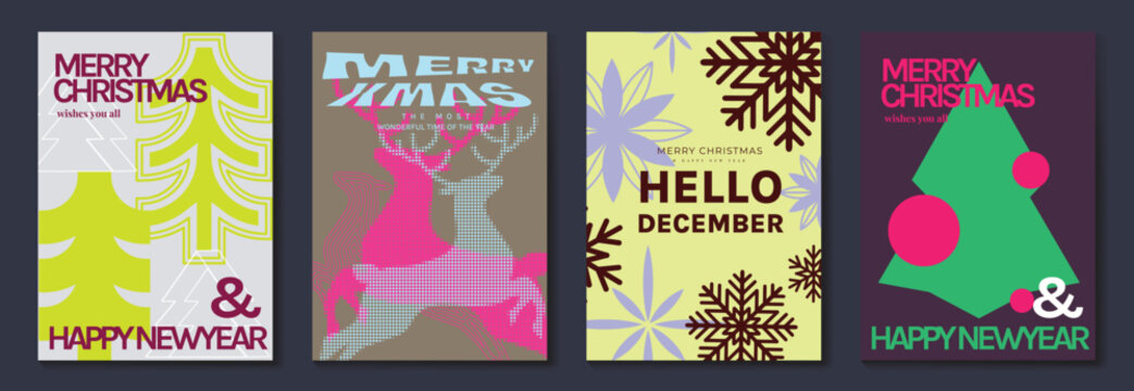 Christmas and Happy New Year 2027 vector poster collection with retro typography, reindeer, snowflakes, geometric trees and bold lime pink burgundy holiday colors