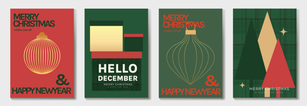 Christmas and Happy New Year 2027 vector poster collection with mid century ornaments, Hello December typography, stylized red green trees and retro festive graphics