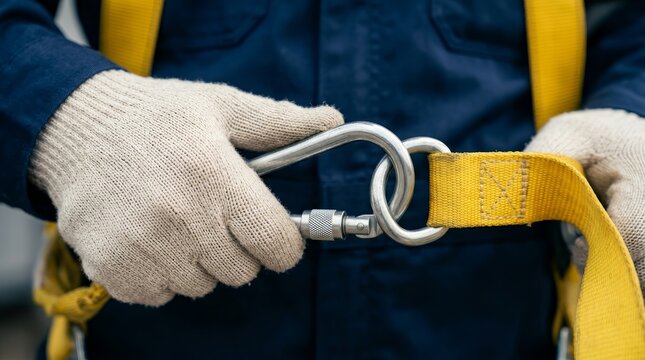 Close-up of a professional securing industrial safety equipment with a metal carabiner.