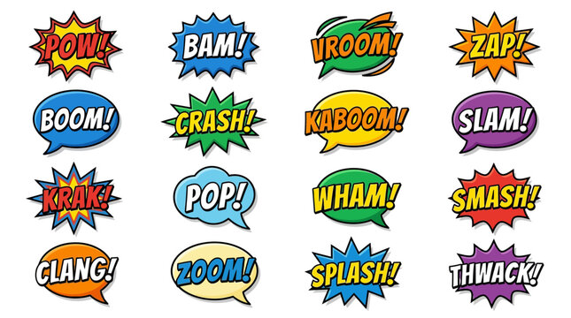 Set of sixteen dynamic comic book sound effect bubbles