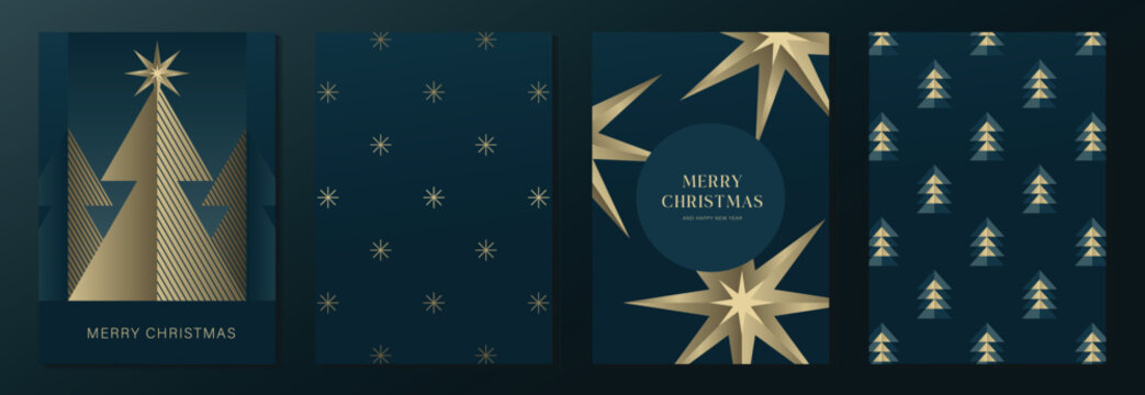 Luxury Christmas and Happy New Year 2027 vector poster collection with navy blue and gold geometric tree, crescent moon, stars and elegant winter forest patterns