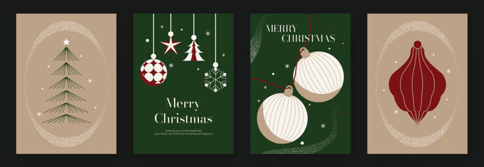 Obraz premium Christmas and Happy New Year 2027 vector poster collection with minimalist green and beige trees, hanging ornaments, botanical branches and elegant holiday compositions