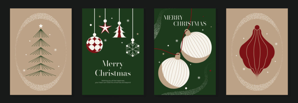 Christmas and Happy New Year 2027 vector poster collection with minimalist green and beige trees, hanging ornaments, botanical branches and elegant holiday compositions