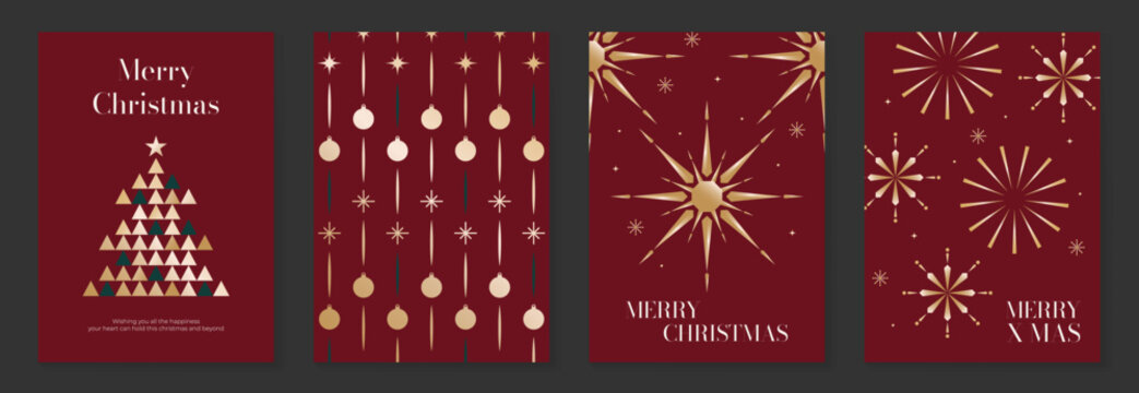 Luxury Christmas and Happy New Year 2027 vector poster collection with burgundy red and gold geometric trees, hanging ornaments, stars and festive firework bursts