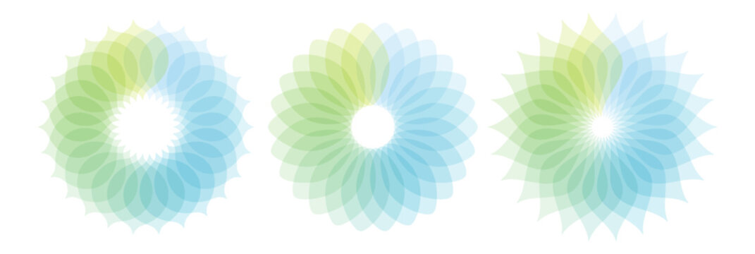 Circular frame made of blue-green translucent leaves or petals. Color gradient. Overlay effect. Digital watermark for security paper, a certificate, a voucher, or a banknote. Vector illustration.
