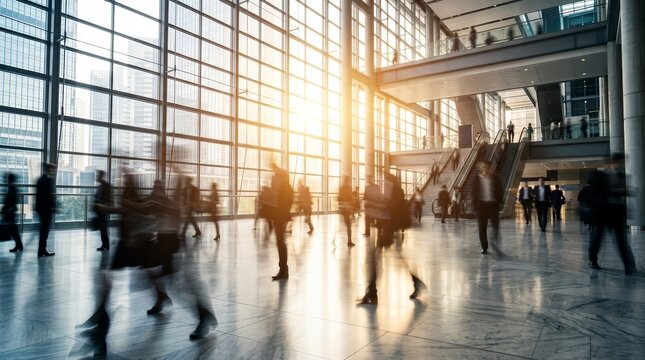 A busy workday morning rush in a large, modern office lobby with people walking.