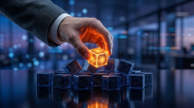 Business professional finding unique value by picking a bright orange cube from a blue digital pile.