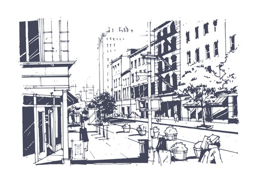 Hand drawn city street scene ink line art sketch style. perspective view of urban buildings illustration