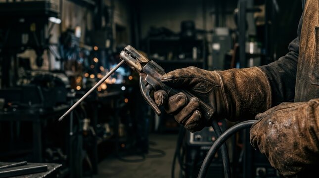 Close up of a professional welder using an electrode holder with heavy duty leather gloves.