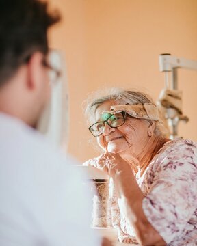Health care screening of a senior South Asian woman with silver hair using an autorefractor for eye health and prevention