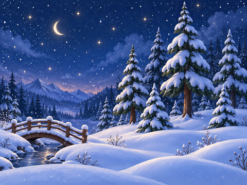Enchanting winter night landscape with snow covered pine trees, wooden bridge, and crescent moon