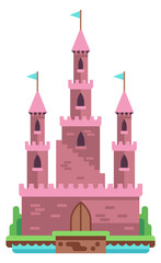 Obraz premium Fairytale castle flat icon. Pink stone building