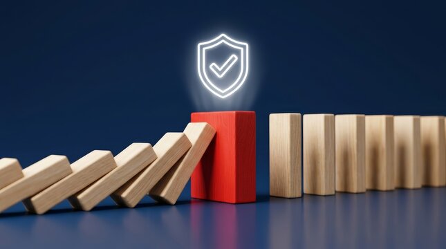 Business protection concept featuring a red block with a glowing shield icon preventing domino effect.