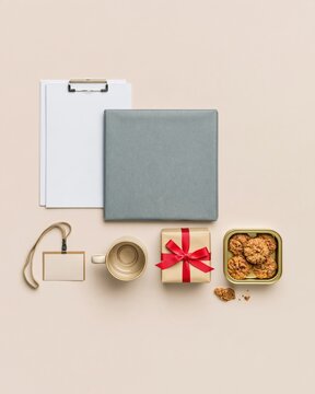 Wrapped gift parcel with a red ribbon and office supplies on a pale sand surface, a cozy festive layout with copy space for a holiday greeting