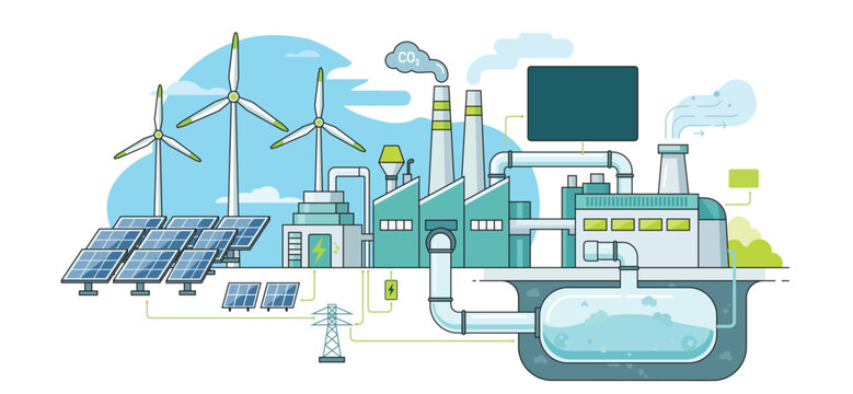 Clean energy plant with solar panels, wind turbines, power grid, and CO2 capture for low carbon power