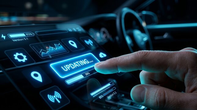 Close up of a hand interacting with a luminous blue software update interface in a futuristic car dashboard.